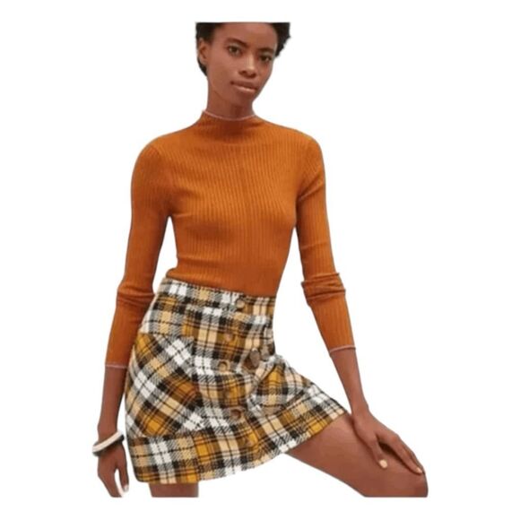 Maeve Anthropologie Clueless Mini Skirt Yellow Black White Tartan Plaid Knit Sz - Picture 1 of 11